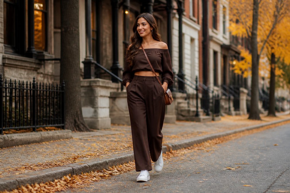 Woman walking on a city street wearing a chocolate brown two-piece set, a key look for fall 2026 fashion trends.