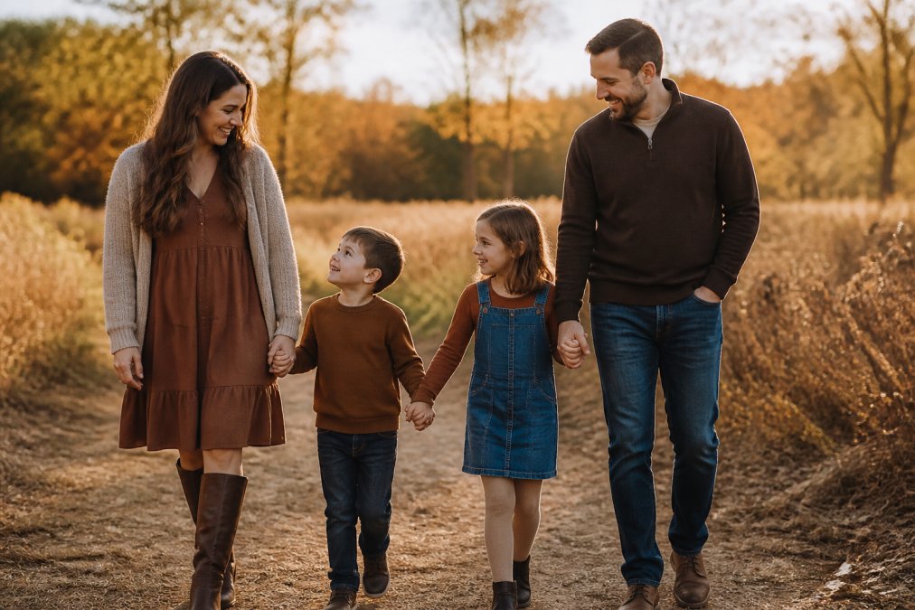A mother and father with two children standing together outdoors in golden hour light, wearing coordinated fall tones of chocolate brown, camel, and denim with natural layering, showing relaxed posture and genuine connection