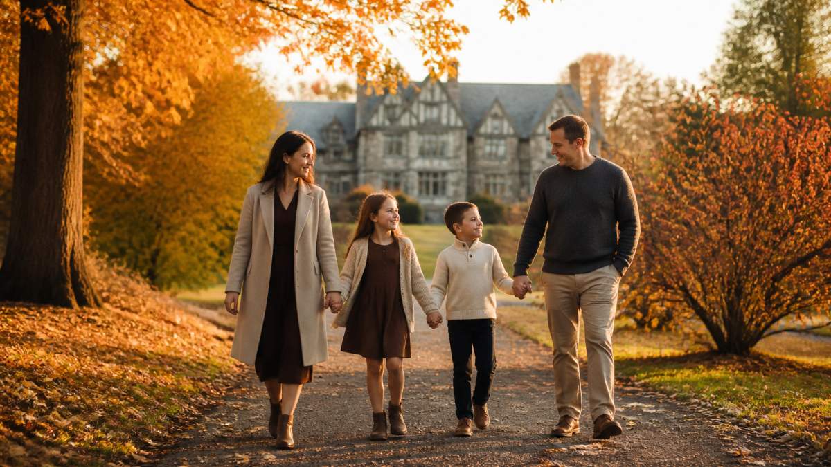 A family of four walking hand-in-hand along a tree-lined path at Hartwood Acres during peak autumn foliage.