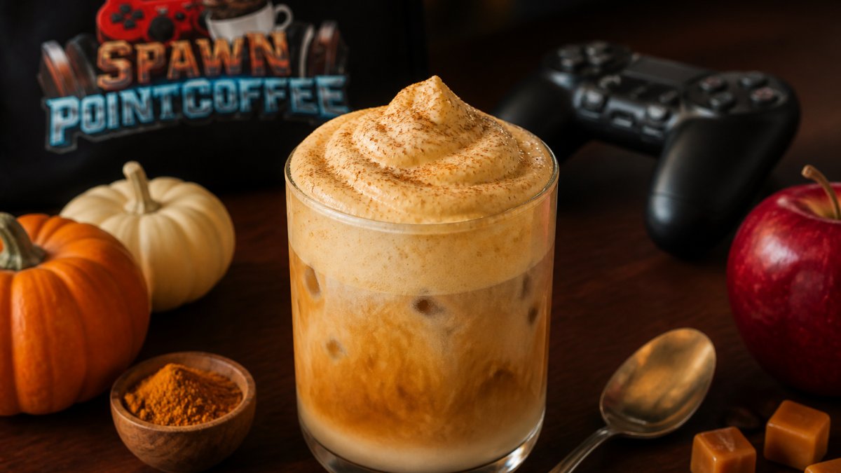 Iced coffee topped with thick pumpkin spice cold foam sitting on a dark wooden desk next to a game controller