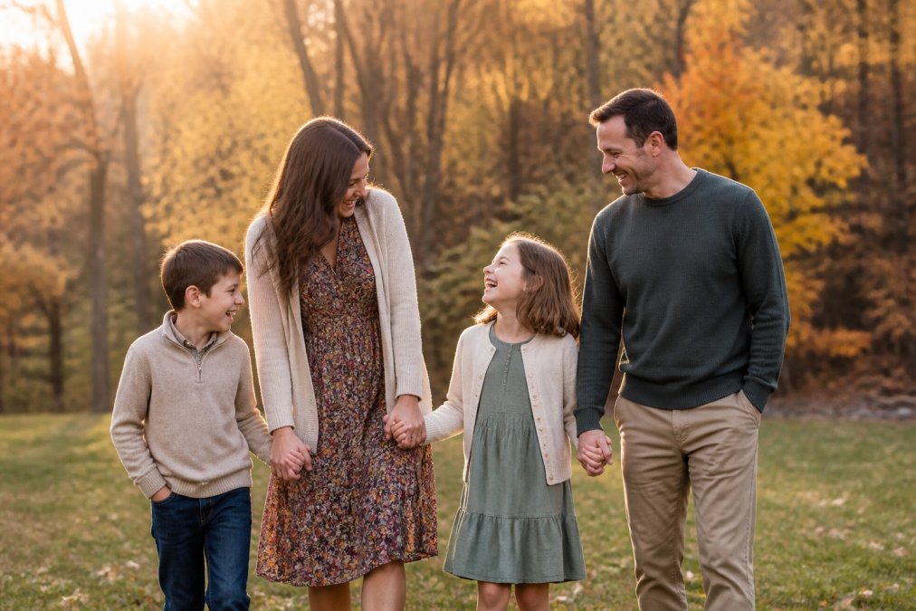 A happy family of four laughing together outdoors during a fall mini session at golden hour.
