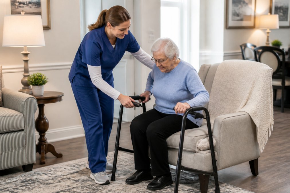 Nursing assistant helping an elderly resident with a transfer using proper body mechanics and assistive device in a well-lit assisted living facility