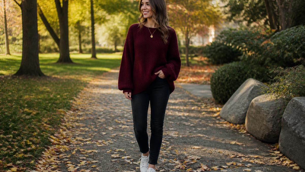 Woman wearing a burgundy oversized sweater with fitted dark jeans, white sneakers, and a simple gold necklace, standing in a park with fall foliage in soft afternoon light
