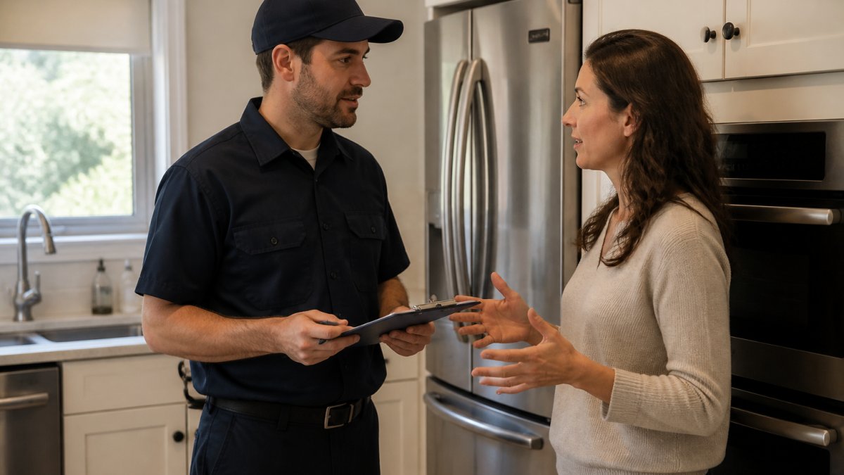 Professional appliance technician in uniform holding a clipboard, standing in front of a residential kitchen with stainless steel appliances, discussing repair options with a homeowner in casual conversation