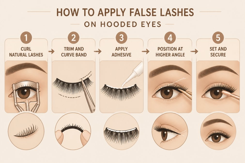 Five-step flowchart illustrating the process for applying false lashes to hooded eyes.