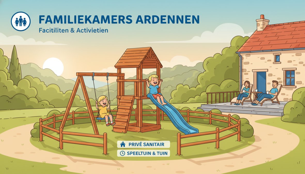 Twee jonge kinderen van ongeveer 3 en 5 jaar oud die vrolijk spelen op een houten speeltoestel in een omheinde groene tuin van een Belgische hoeve, zonnig heuvellandschap zichtbaar op de achtergrond, warme middagzon, ouders ontspannen zichtbaar op een terras op de achtergrond