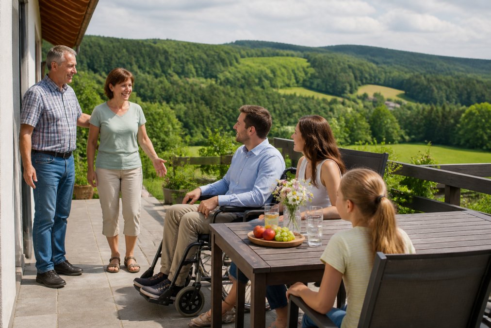 A family with a member who uses a wheelchair is sitting comfortably on the patio of a vacation rental, with the rolling hills of the Waldviertel in the background; the hosts warmly welcome their guests.