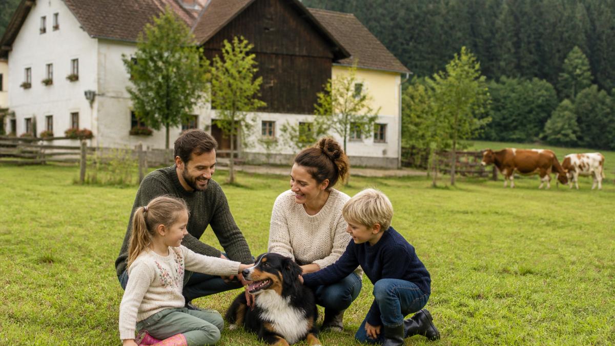 A family with two children is playing on a green meadow in front of a typical Waldviertel farmhouse, with animals in the background and a forest in the distance
