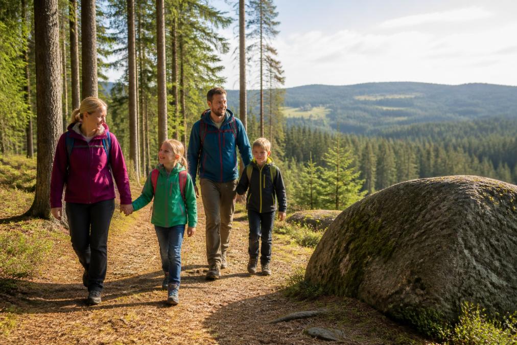 Familie mit zwei Kindern wandert auf einem sanften Waldweg im Waldviertel, weiches Nachmittagslicht fällt zwischen hohen Fichten, im Hintergrund weite grüne Hügel und ein einzelner Granitblock am Wegrand
