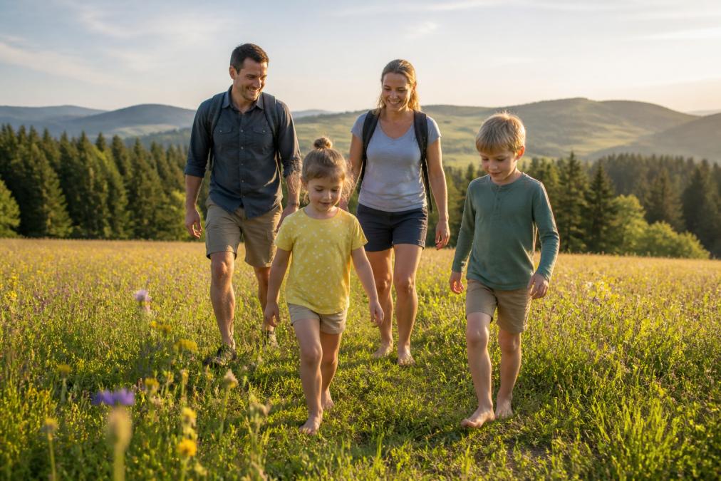 Eine Familie mit zwei Kindern wandert barfuß über eine blühende Waldwiese im Waldviertel, im Hintergrund sanfte Hügel und ein Mischwald, goldenes Nachmittagslicht, entspannte fröhliche Stimmung