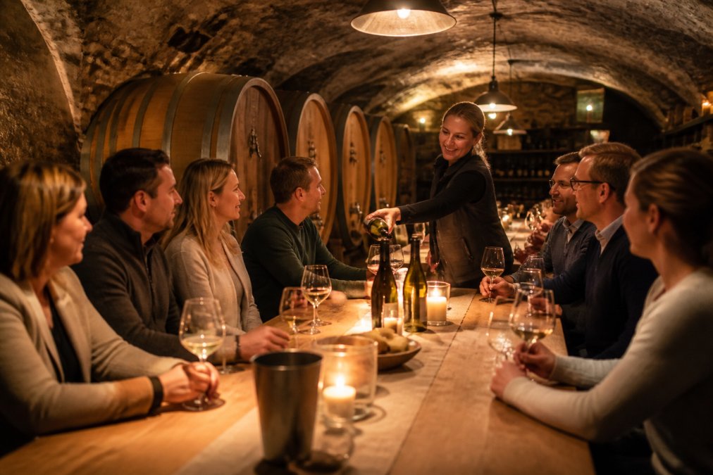 Eine Gruppe von Erwachsenen sitzt an einem langen Holztisch in einem historischen Gewölbekeller, vor sich Weingläser mit Weißwein, eine Winzerin schenkt ein, warmes Licht von Kerzen und Deckenlampen, Eichenfässer im Hintergrund