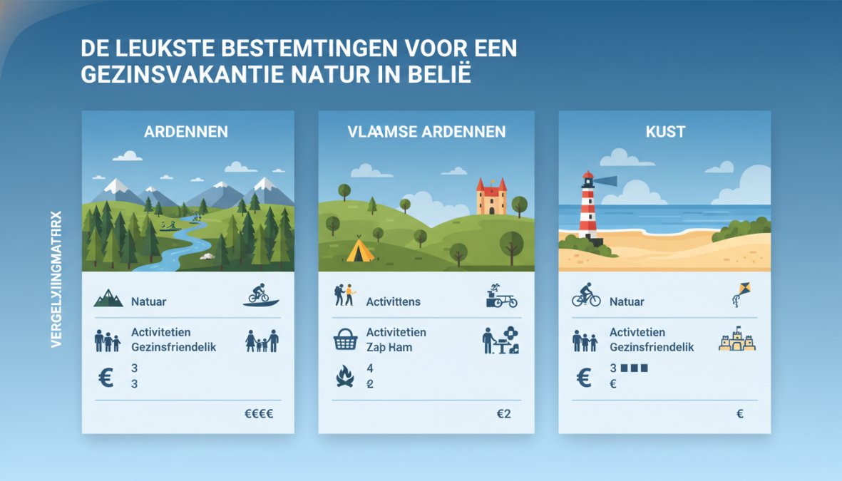 Vergelijkingsmatrix van 4 Belgische natuurbestemmingen: Ardennen (peuters: goed, wandelen: uitstekend, fietsen: goed, accommodatie: ruim aanbod, prijs/nacht: €80-150), Vlaamse Ardennen (peuters: uitstekend, wandelen: goed, fietsen: uitstekend, accommodatie: kleinschalig, prijs/nacht: €70-130), Kust (peuters: uitstekend, wandelen: goed, fietsen: goed, accommodatie: groot aanbod, prijs/nacht: €90-180), Hoge Venen (peuters: beperkt, wandelen: uitstekend, fietsen: beperkt, accommodatie: beperkt, prijs/nacht: €75-140)