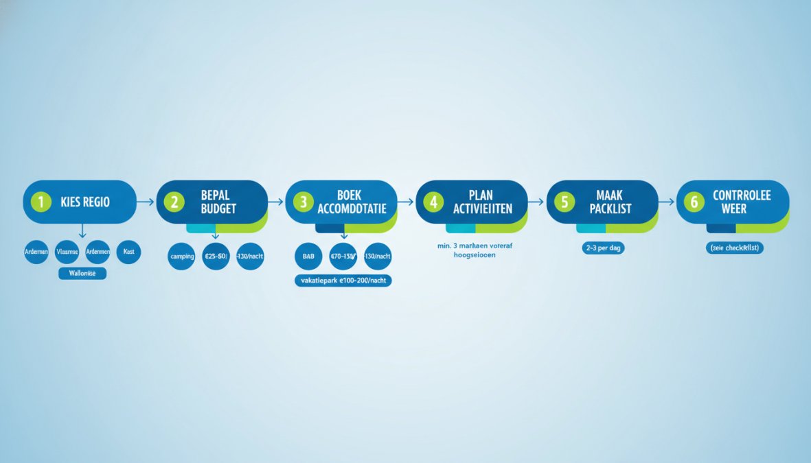 Stappenplan flowchart voor gezinsvakantie natuur België: Stap 1 Kies regio (Ardennen/Vlaamse Ardennen/Kust/Wallonië) → Stap 2 Bepaal budget (camping €25-60/nacht, B&B €70-130/nacht, vakantiepark €100-200/nacht) → Stap 3 Boek accommodatie (min. 3 maanden vooraf in hoogseizoen) → Stap 4 Plan 2-3 activiteiten per dag → Stap 5 Maak packlist (zie checklist) → Stap 6 Controleer weersalternatieven voor elke dag