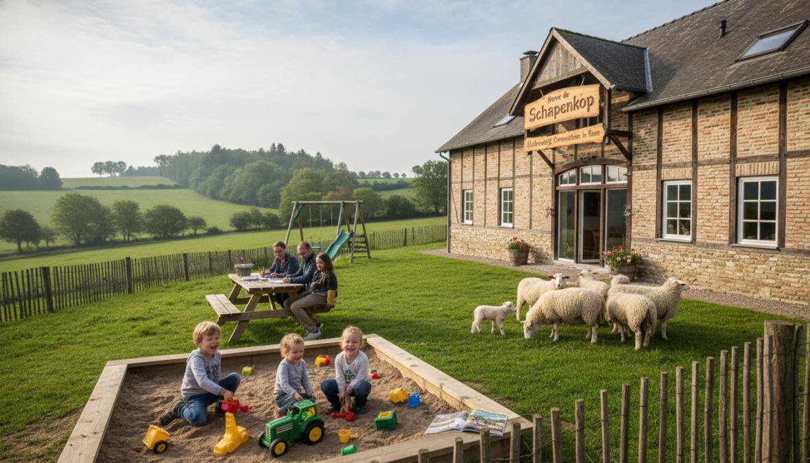 Jonge kinderen spelen vrolijk in een grote omheinde tuin van een sfeervolle hoeve omgeven door groen heuvellandschap, terwijl ouders ontspannen op een houten terras op de achtergrond op een zonnige middag