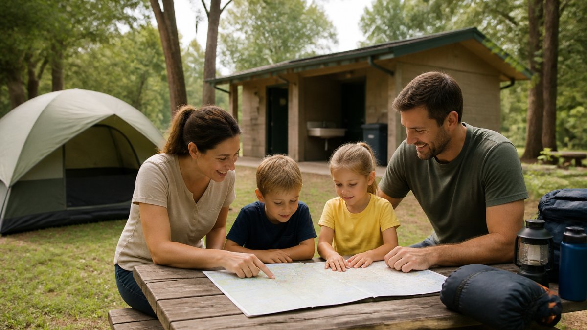 Infographic showing a step-by-step process for selecting a campsite with family-friendly amenities and features.