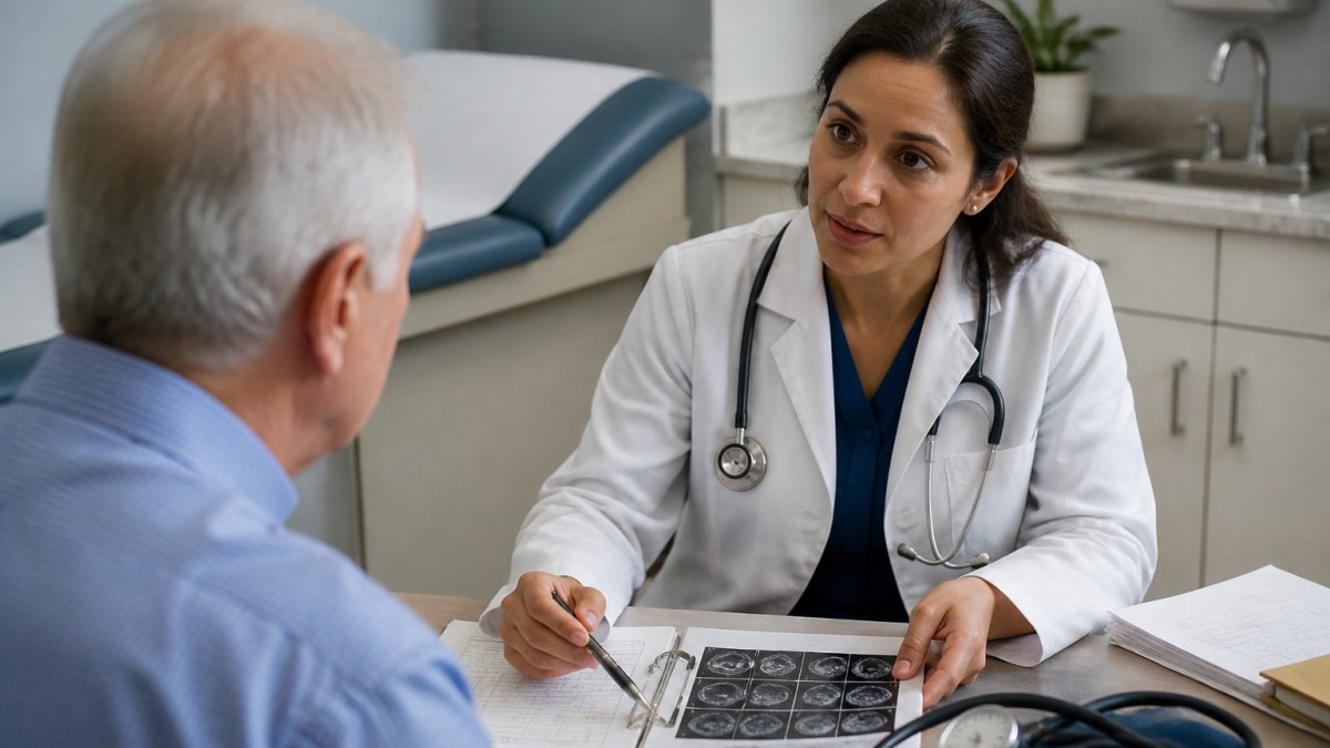 Professional family physician consulting with patient in clinical setting, with medical charts and diagnostic tools visible on desk, conveying collaborative and comprehensive care