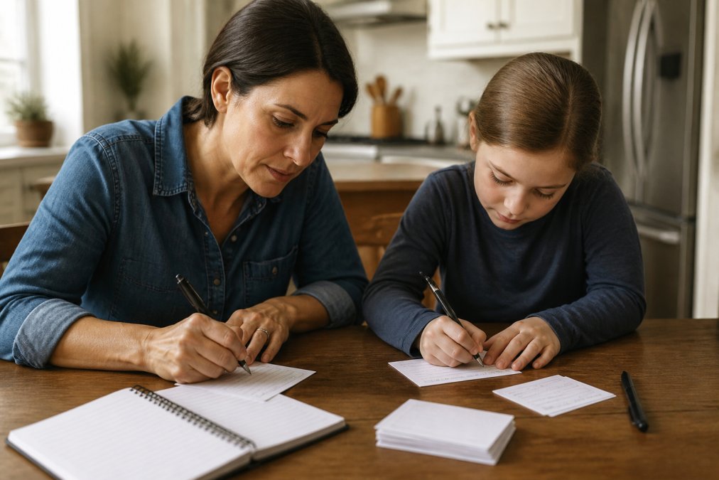 Parent and child filling out emergency contact cards at a table as part of a family communication plan process.