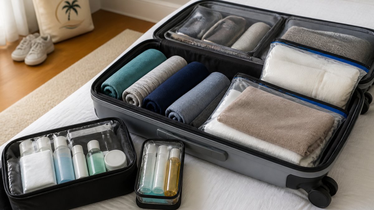 Open suitcase with neatly rolled clothes, compression bags, small travel bottles, and organized toiletries showing space-efficient family cruise packing