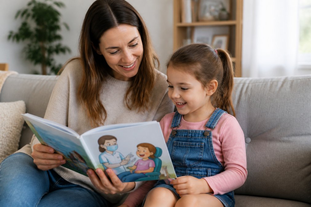 A parent and young child sitting together on a sofa, looking at a picture book about going to the dentist, both smiling in a bright living room