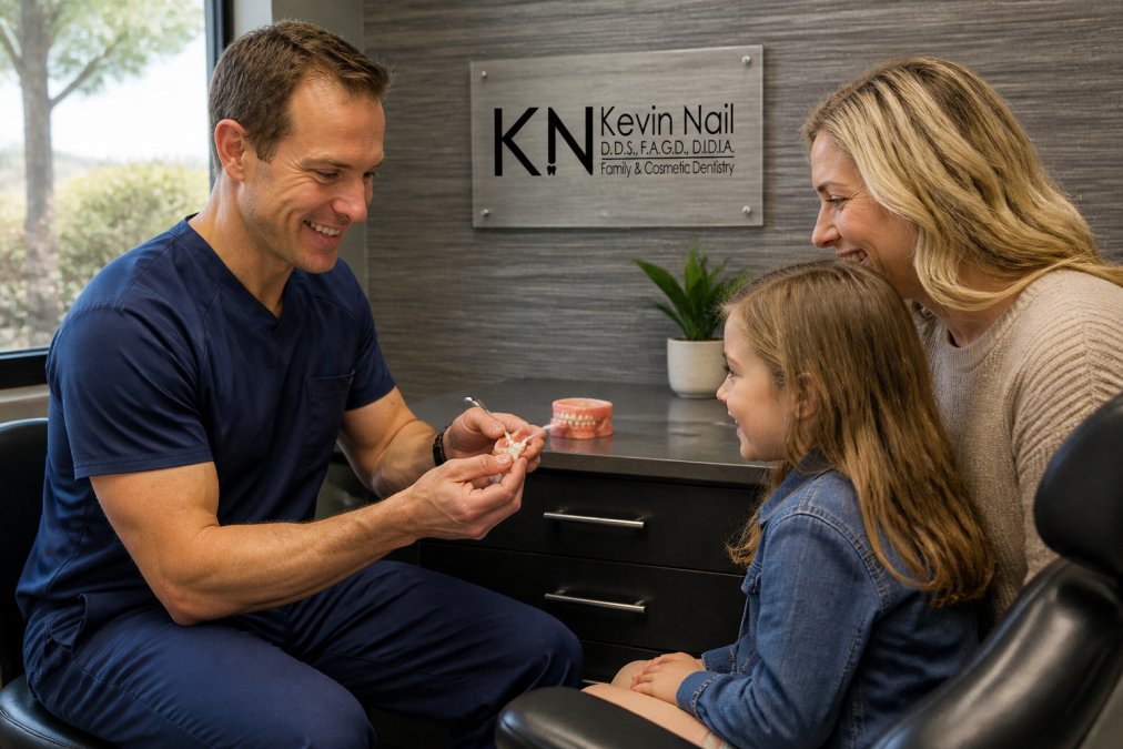 A friendly dentist showing a digital scan on a monitor to a parent and child in a bright modern dental office, all three smiling and looking at the screen together
