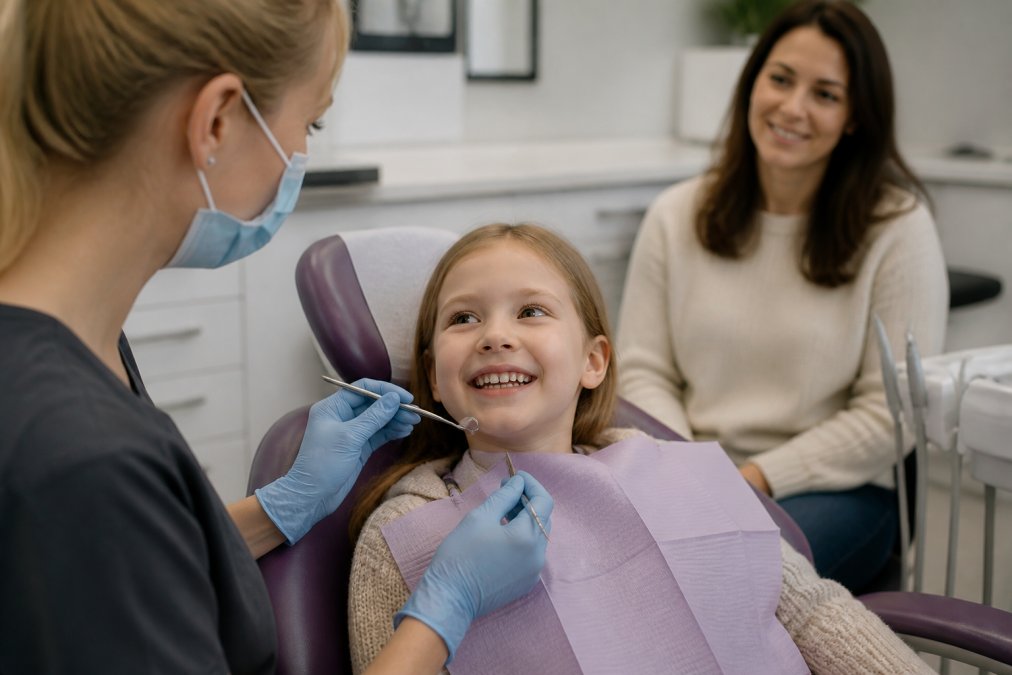 A young child in a dental chair smiling at the dentist during a routine check-up, with a parent visible in the background looking reassured