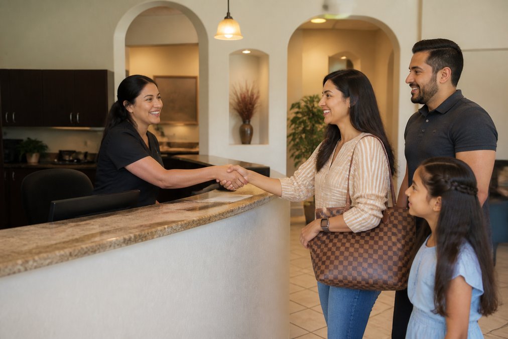 A warm, welcoming dental office reception area in Albuquerque, with a friendly staff member greeting a family patient at the front desk