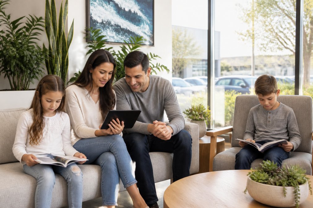 A family of four sitting together in a bright, modern dental office reception area, parents reviewing a tablet while two children look at books, warm natural light through large windows