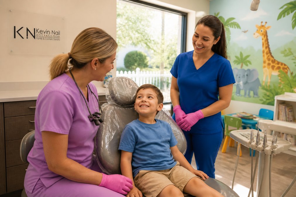 Bright, welcoming pediatric dental operatory with cheerful wall murals, child-sized furniture, and a young patient in the chair smiling while a female dentist and hygienist in colorful scrubs stand nearby, warm natural lighting from large windows