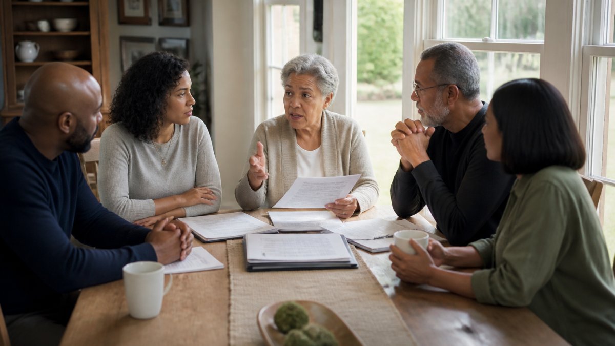 A diverse family sitting around a dining table having a calm, focused conversation with documents and coffee cups present, natural afternoon lighting streaming through windows
