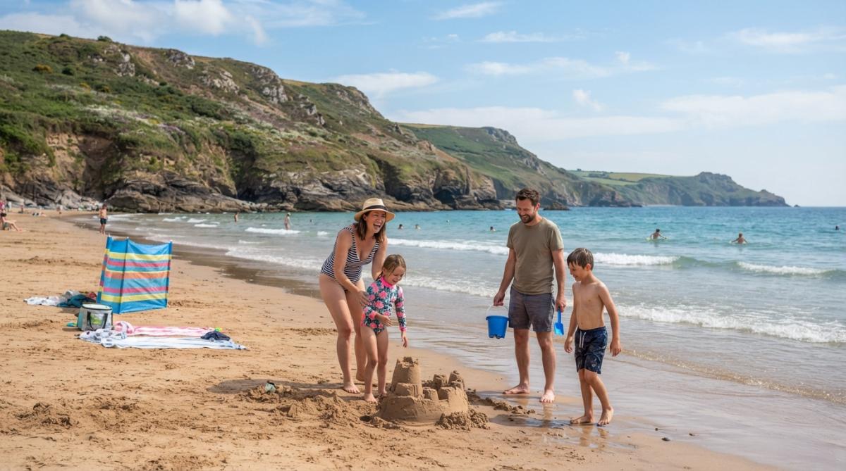 Professional illustration showing Families, South Devon for family friendly beaches in south hams