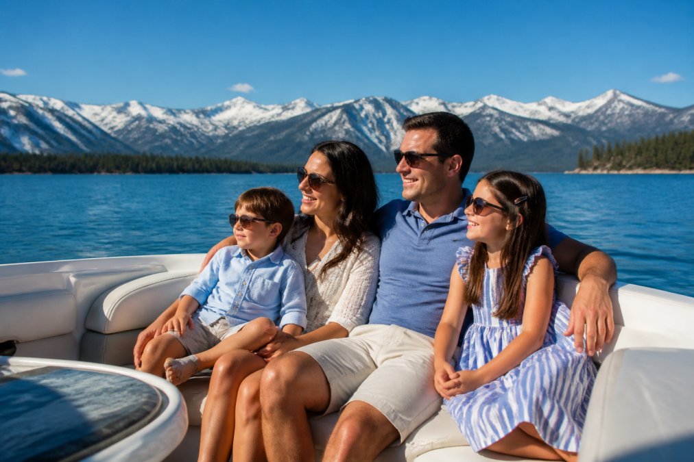 Family of four relaxing on the sun deck of a boat with emerald-blue water and snow-capped mountains visible in the background, parents and children smiling as they take in the alpine scenery on a clear day