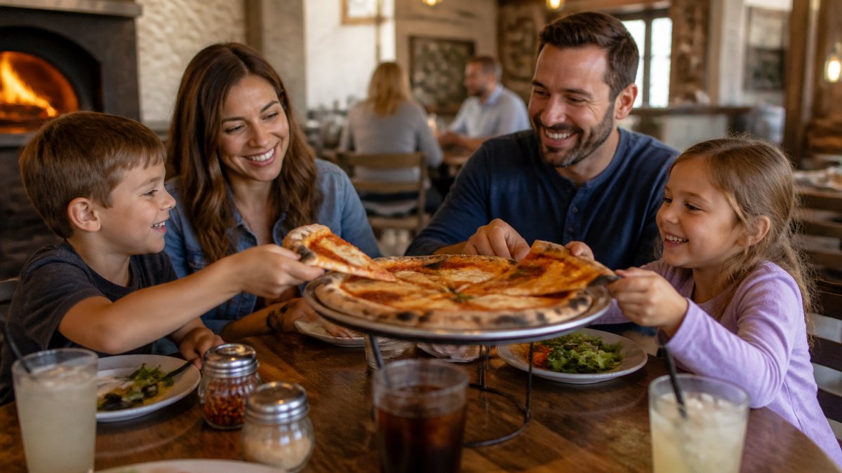 A family with children sharing a wood-fired pizza at a casual restaurant table, warm lighting, smiling faces, plates and drinks visible