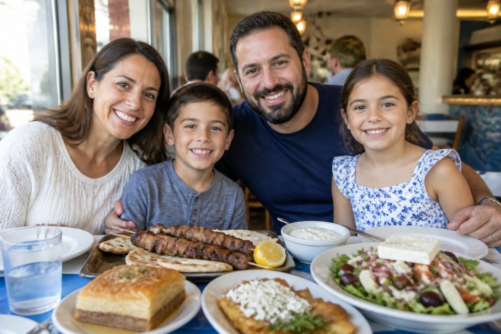 Warm family dining scene with parents and children smiling at a table with Greek dishes like souvlaki skewers, salads, and baklava, bright restaurant lighting in the background, casual Mediterranean ambiance