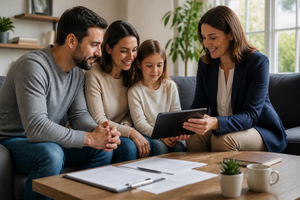 Family sitting at home with insurance agent reviewing policy documents and discussing coverage options on tablet, natural light from windows, professional casual setting