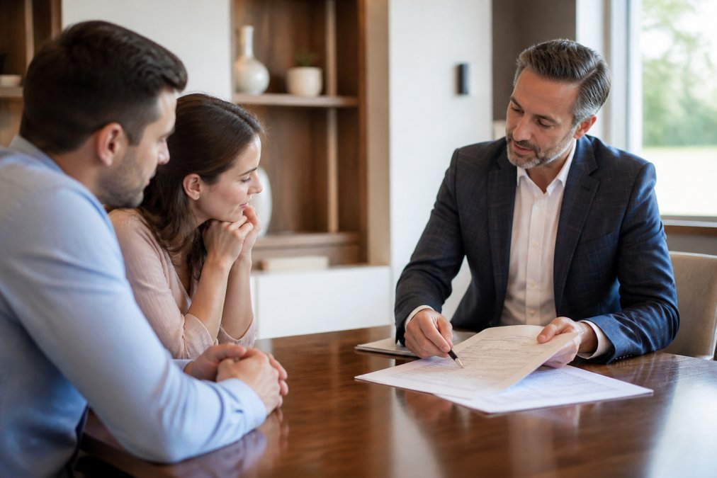 Insurance agent in professional office meeting with clients, explaining coverage details while pointing to documents, warm lighting, collaborative atmosphere