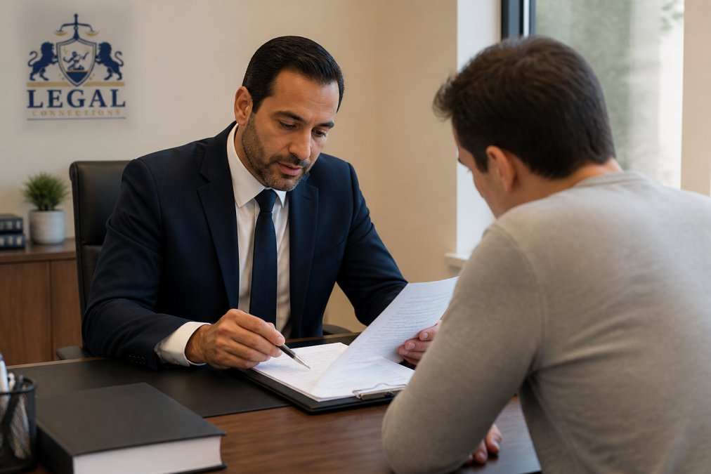 A professional attorney in a business suit sitting across a desk from a client, reviewing divorce documents together in a warm, well-lit office