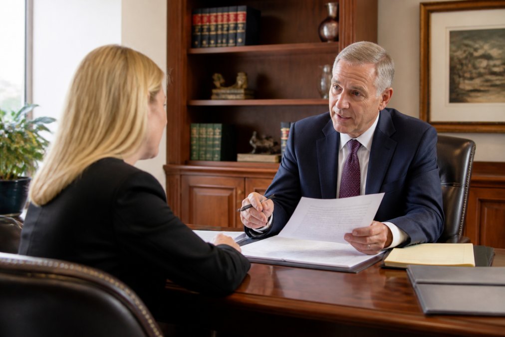 Professional attorney and client sitting across from each other at a desk in a modern law office, reviewing documents together during an initial consultation