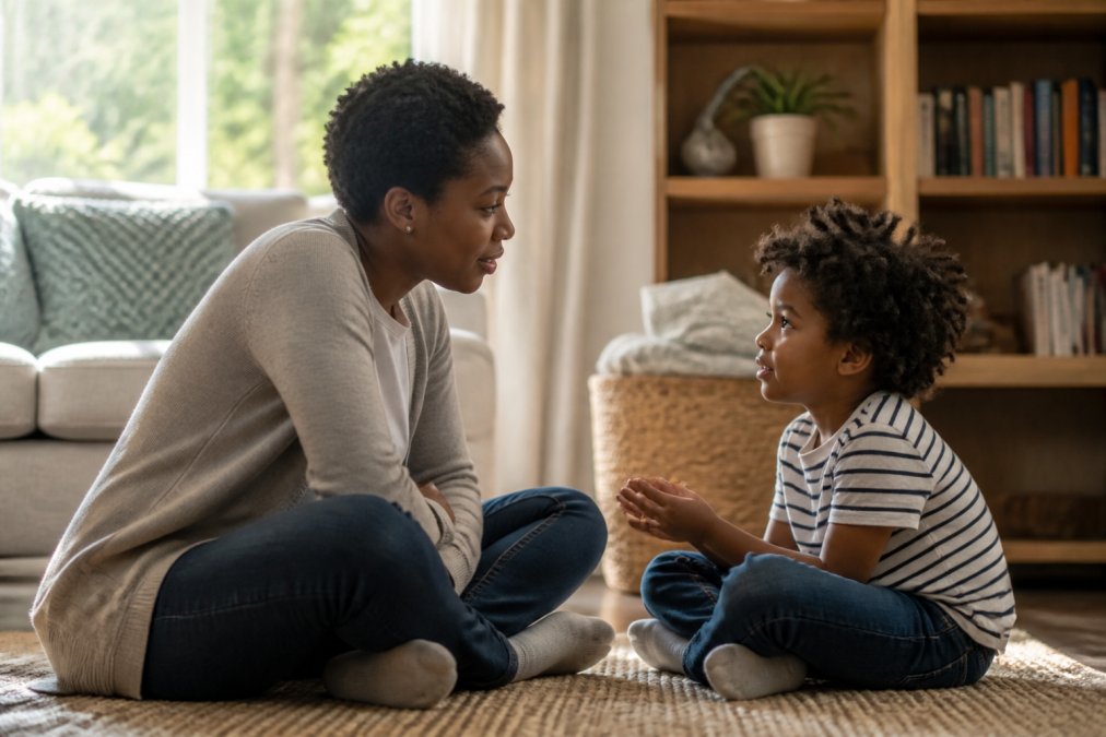 Parent sitting on the floor having a calm conversation with a young child to support family mental health in a home.