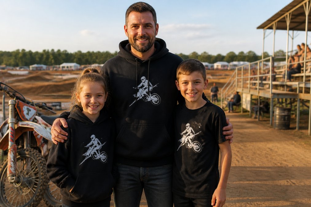 A father and two young children wearing matching motocross-themed hoodies and graphic tees, standing together at a dirt bike track with bikes and spectator areas visible in the background, warm afternoon sunlight