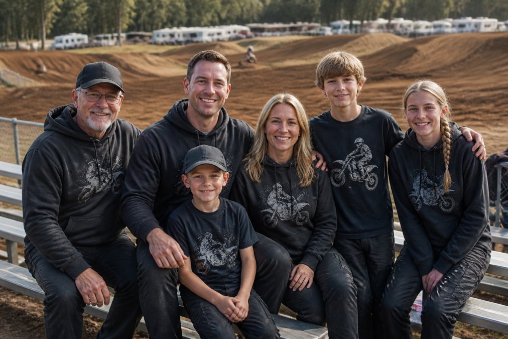 A multi-generational family group, parents, children ranging from ages 5 to 15, and a grandparent, dressed in coordinated casual motocross apparel including hoodies, graphic tees, and durable pants, relaxing together in the spectator seating area with the track visible behind them
