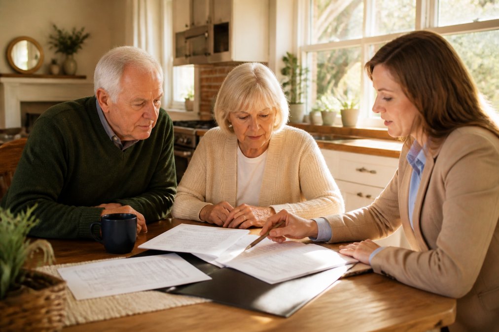 A family sitting at a kitchen table reviewing documents and a laptop, with a consultant pointing at paperwork beside them, warm afternoon light through the window