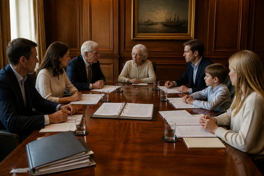 A family office board meeting in a wood-panelled room, with a multi-generational group around a long table reviewing printed governance documents and a family constitution binder