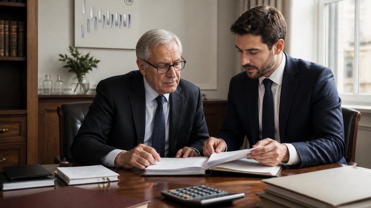 A family office advisor and a senior family member reviewing documents at a polished wooden desk in a private office, with a folder of trust deeds and a calculator nearby, natural window light