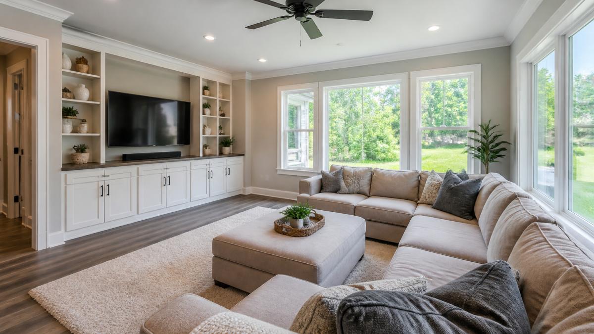 Bright, modern family room with comfortable sectional seating, entertainment center, and large windows showing natural light flooding into a finished addition with neutral décor