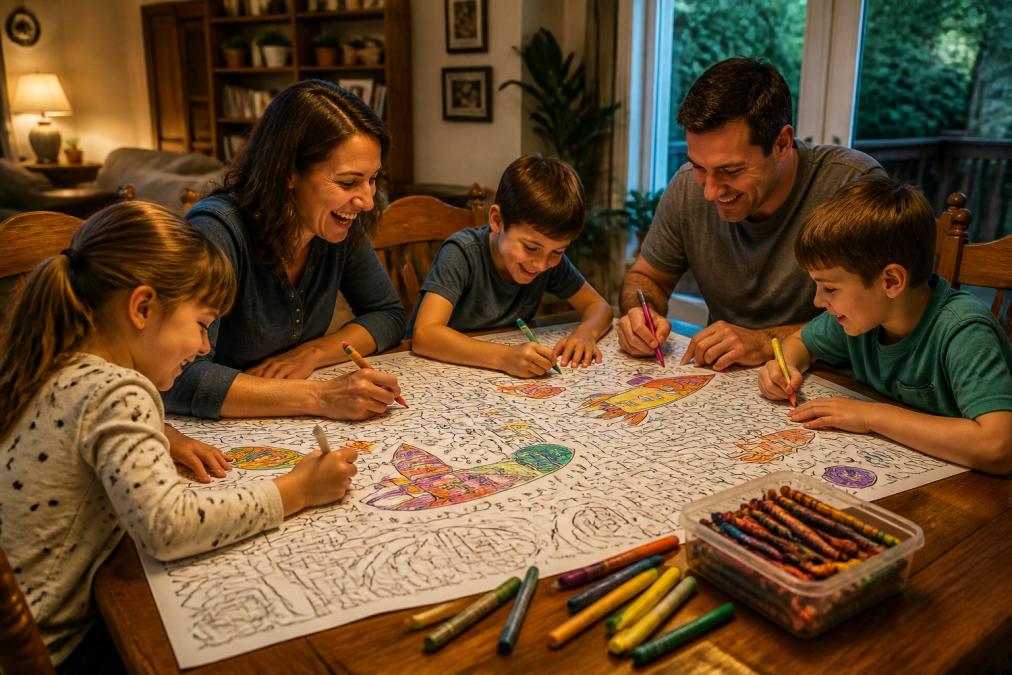A family with elementary-aged children gathered around a dining table, coloring a large table-sized sheet together with markers and crayons, laughing and talking in warm evening light