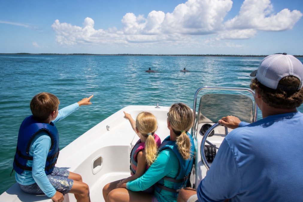 A family of four on a small boat in calm Gulf Coast waters, children pointing excitedly at dolphins in the distance, captain at the helm, bright morning sunlight