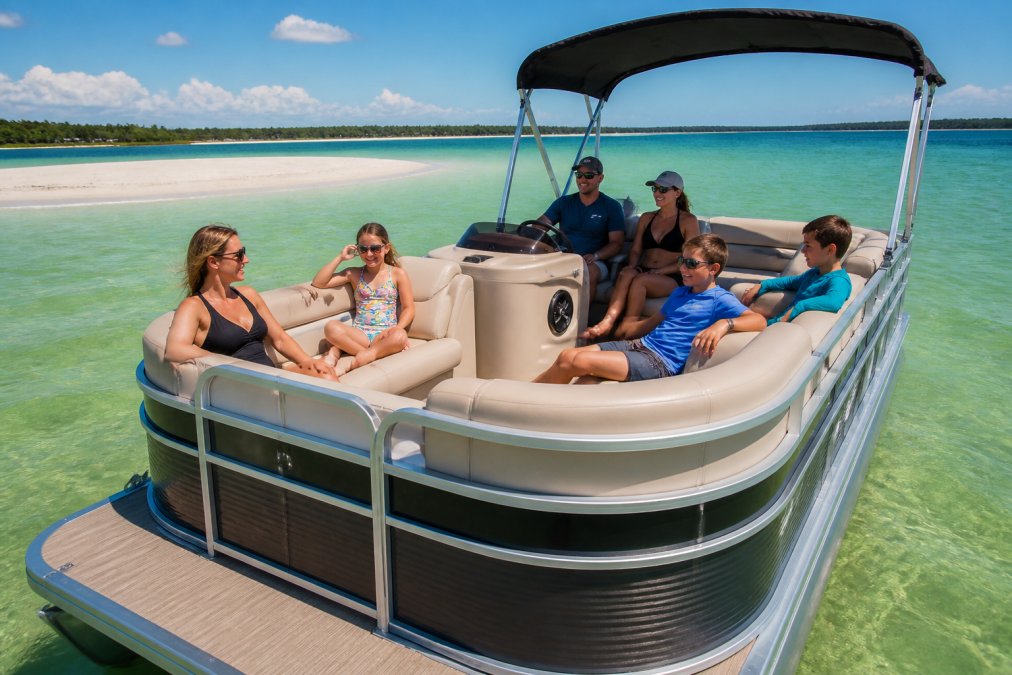 A spacious pontoon boat with a family of six enjoying the water, shade bimini top visible, shallow sandbar visible in background, relaxed day-on-water scene