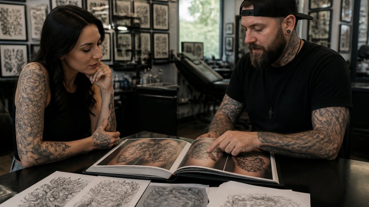 A tattoo artist and client reviewing a portfolio book of healed tattoo photos in a bright studio, with design sketches on the table