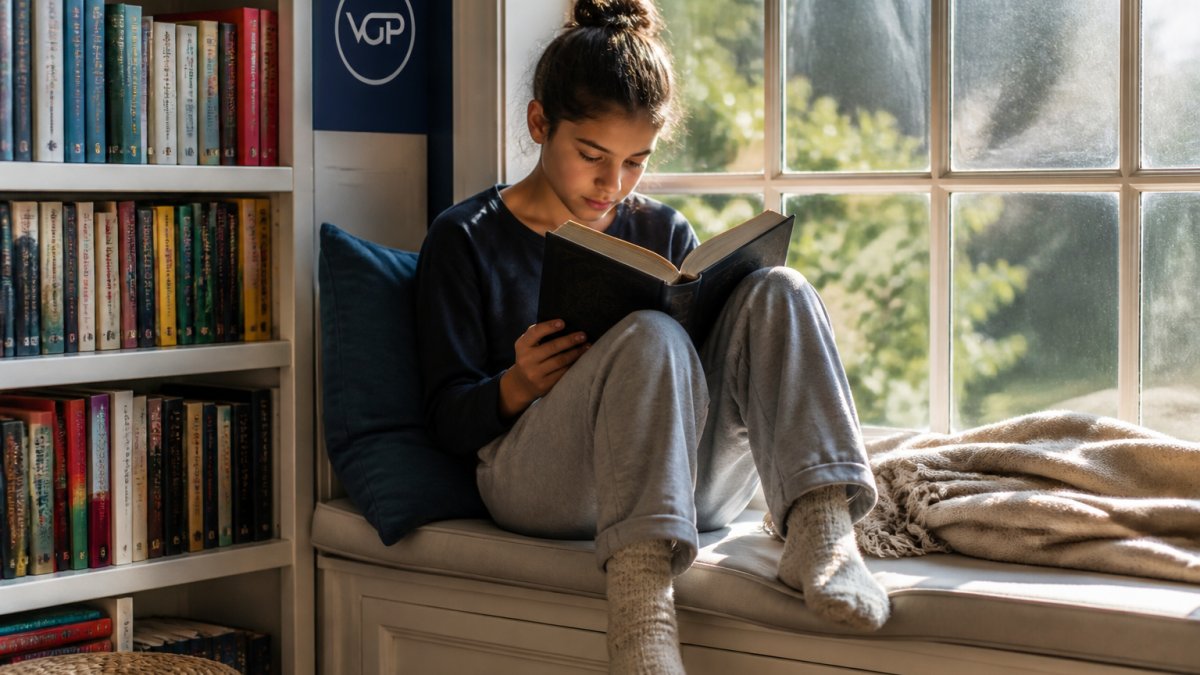 A young reader absorbed in fantasy fiction for middle grade readers while curled up on a cozy window seat.