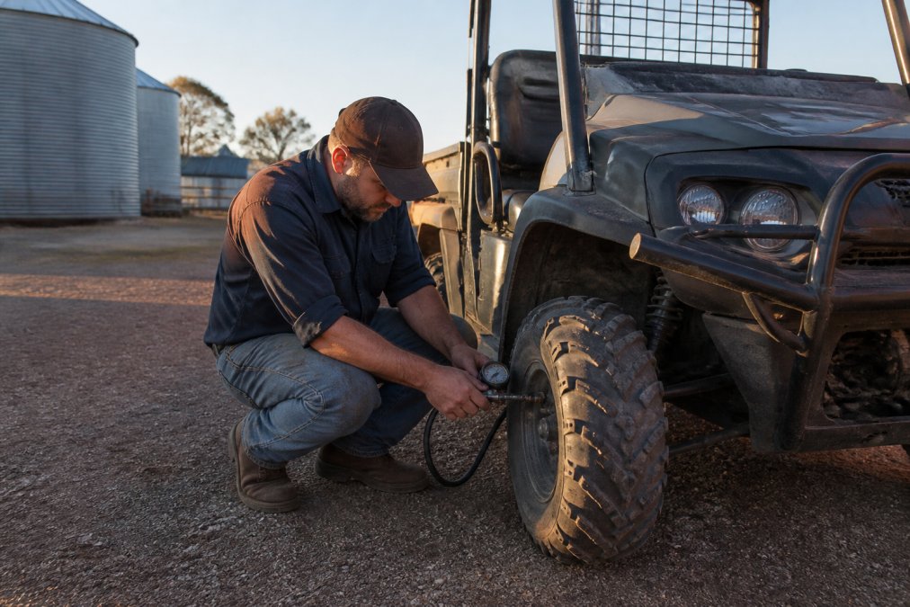 Farmer in work clothes checking tyre pressure and inspecting brake components on a side-by-side quad bike before starting work, in morning sunlight with farm buildings visible